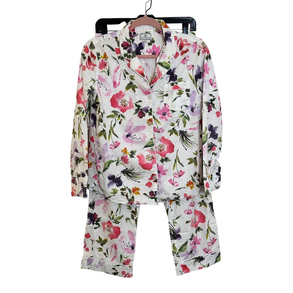 Petite Plume Cotton Pajama Set Size S White Pink Watercolor Floral